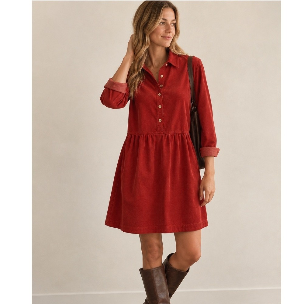 Talbots Corduroy Shirt Dress Womens 16 Red Long Sleeve Pockets Western Fall